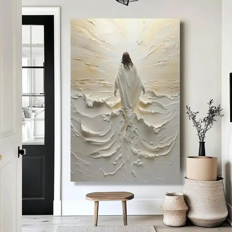Jesus walking on water in golden divine light canvas wall art, additional product view 2 with contemporary styling for living